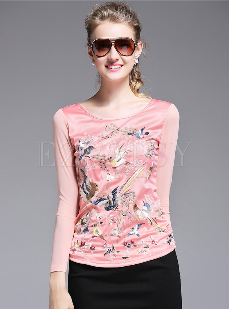Sweet Mesh Patch Slim Embroidered T-shirt