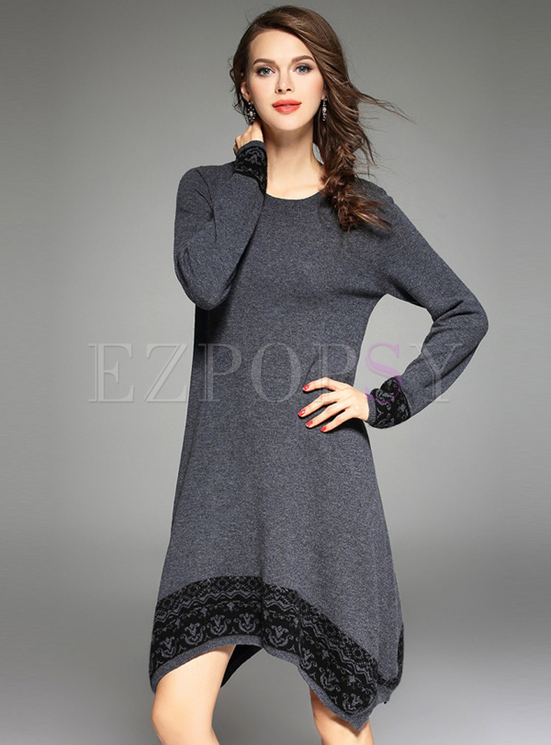 Asymmtric Lace 100% Wool Knitted Dress