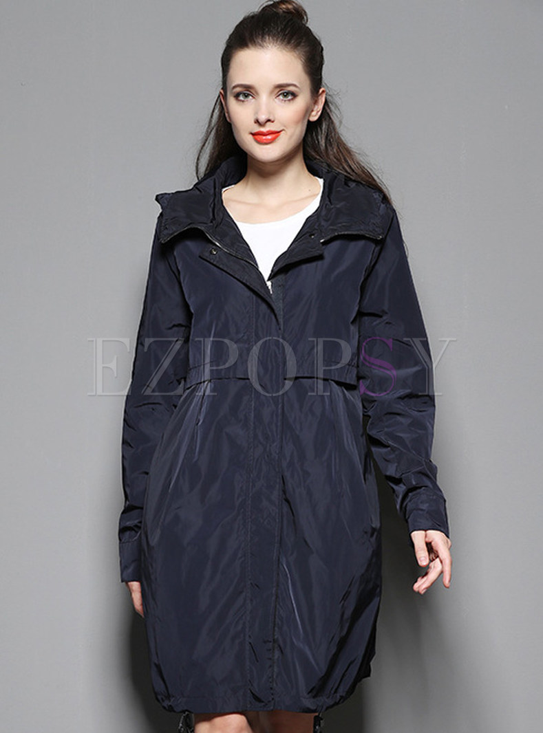 Hooded Collar Zipper Asymmetric Knee-Length Trench Coat