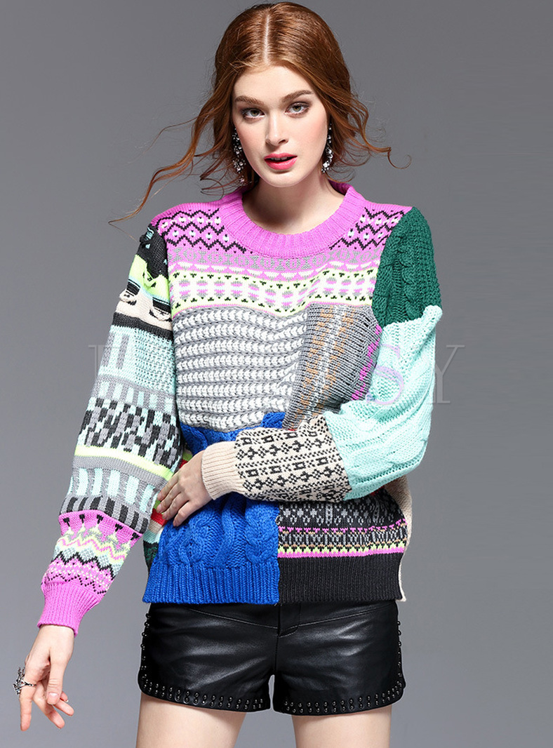 Loose Color-blocked Crochet-paneled Sweater