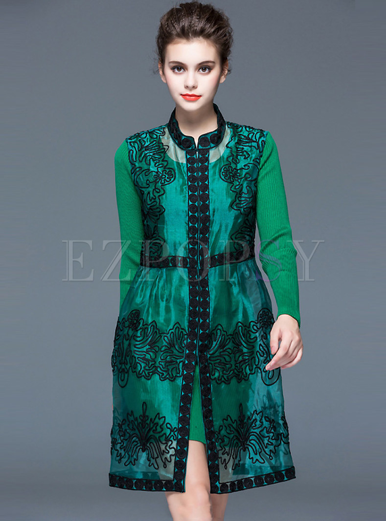 Organza Patch Embroidery Fake Two Piece Coat