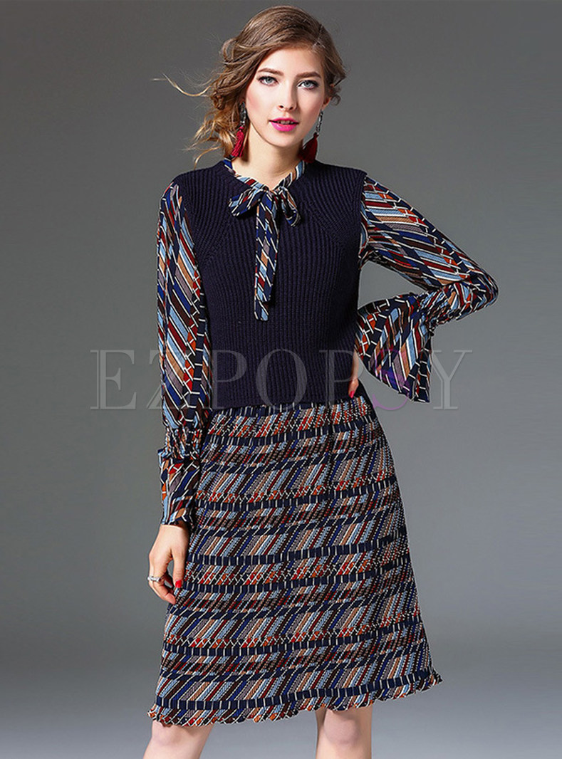 Ruffle Sleeve Hit Color Print Bowknot Two Piece Outfits
