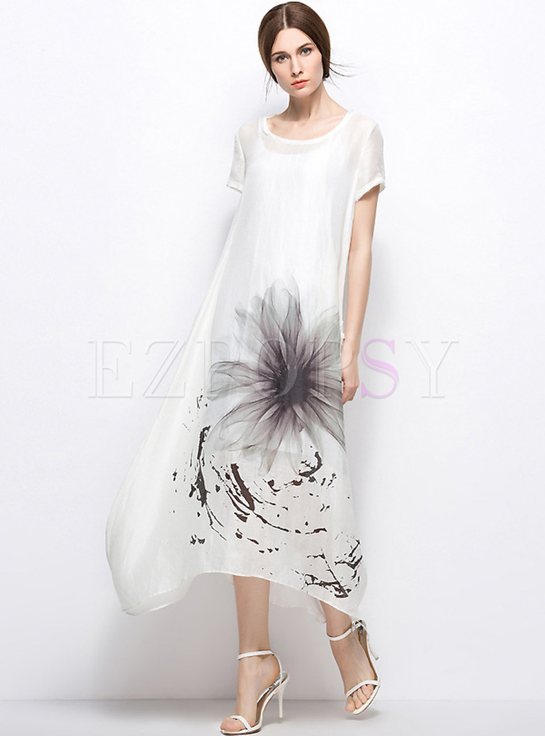 Asymmetric Floral Print Maxi Dress