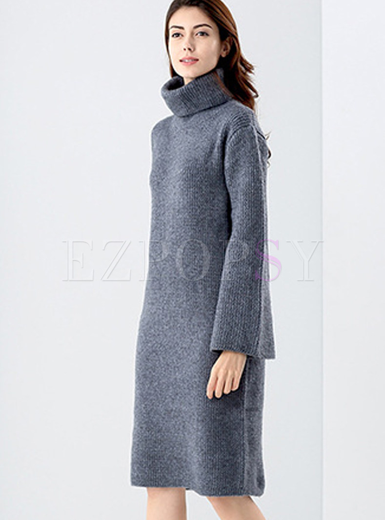 Fashion Turtle Neck Flare Sleeve Knitted Dress