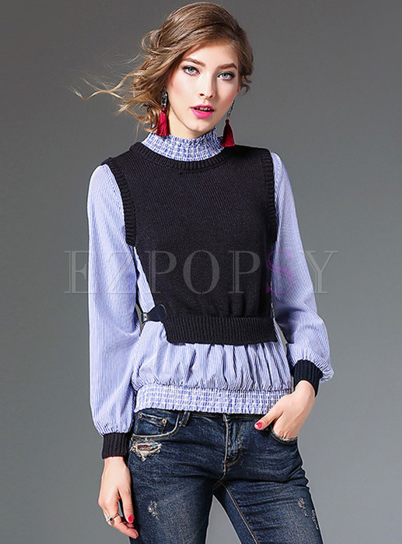 Fake Two Piece Striped Stand Collar Stylish Blouse