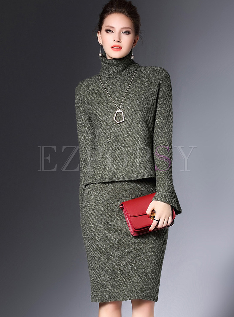 Stylish Turtle Neck Slim Two-piece Outfits