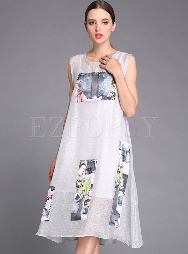 Loose Sleeveless Print Patchwork Shift Dress With Underskirt