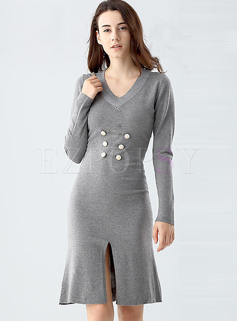 Slim V-neck Slit One-step Knitted Dress