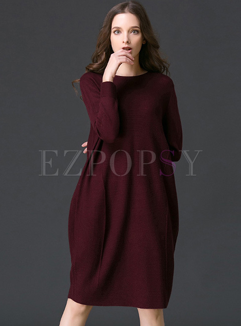 Loose O-neck Long Sleeve Knitted Dress