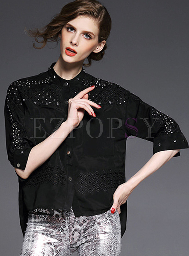 Stand Collar Lace Hollow Asymmetric Blouse