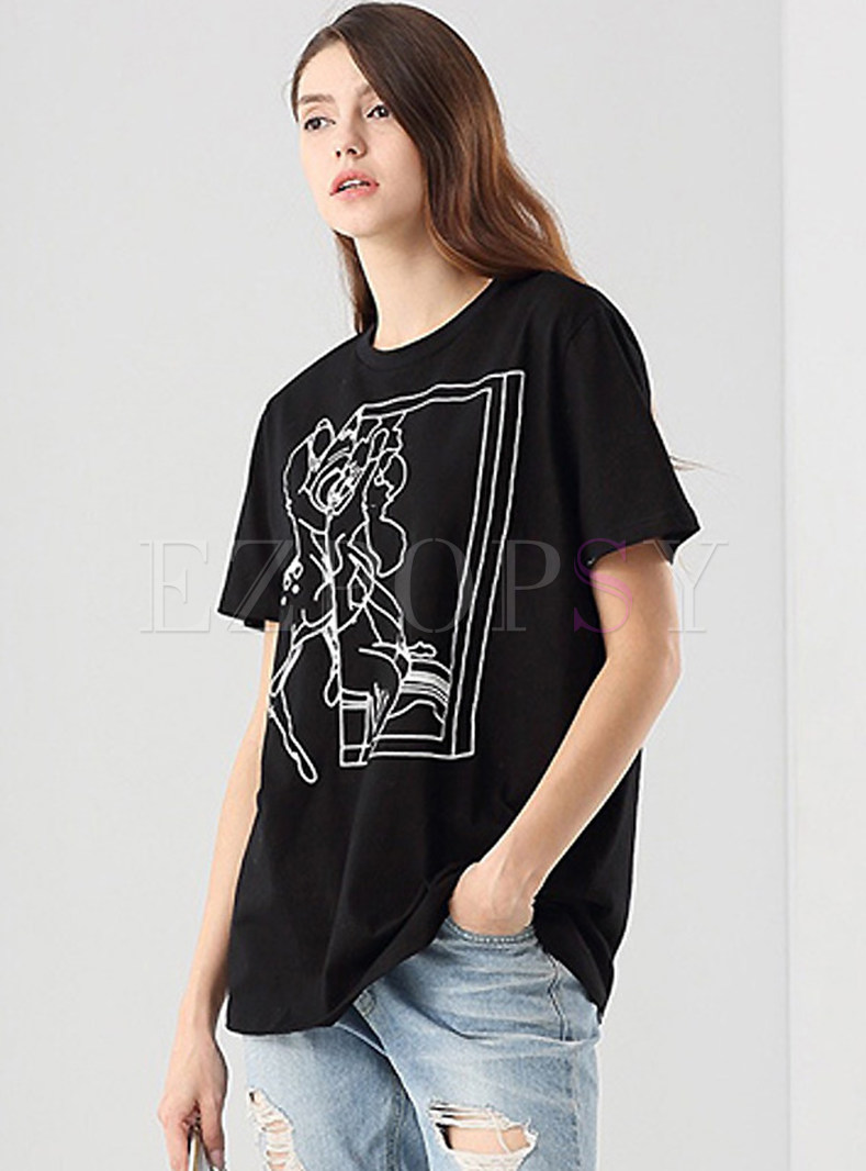 Casual Print Short Sleeve Pullover Loose T-Shirt 