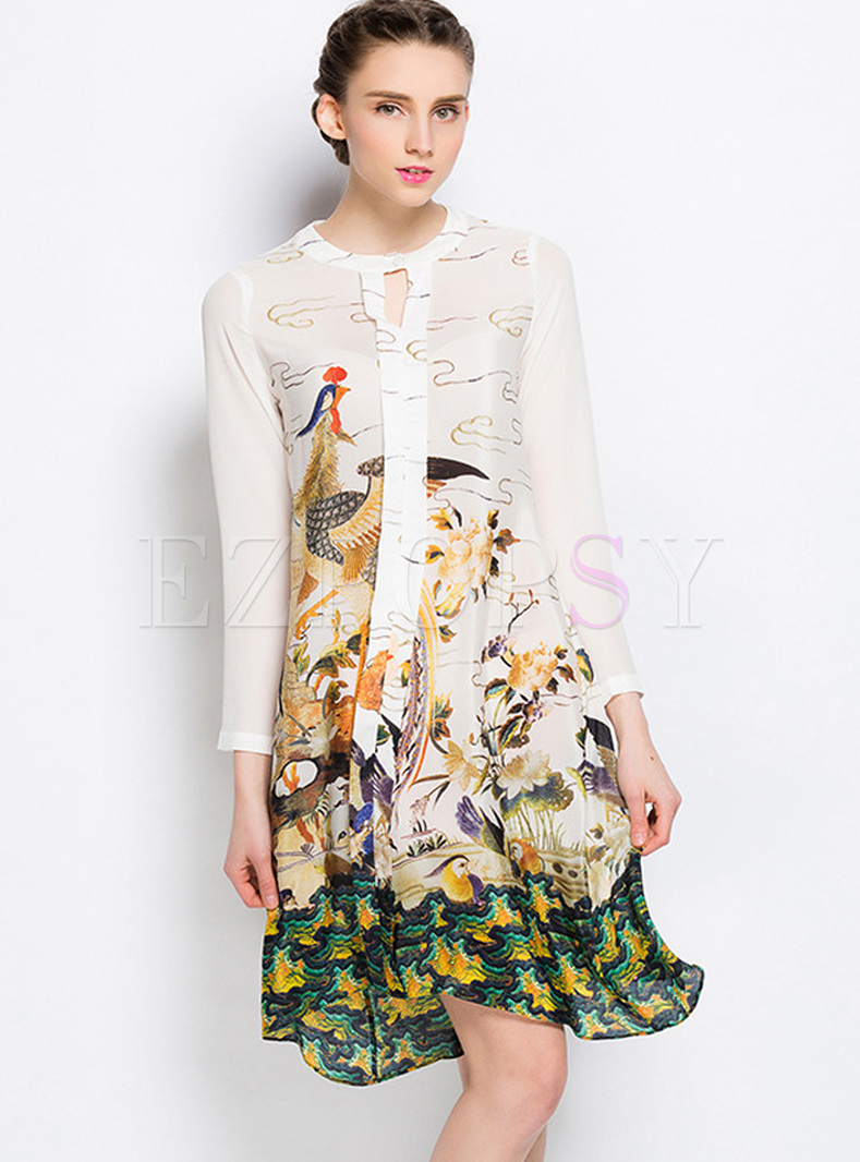 Retro Floral Print Silk Straight Dress