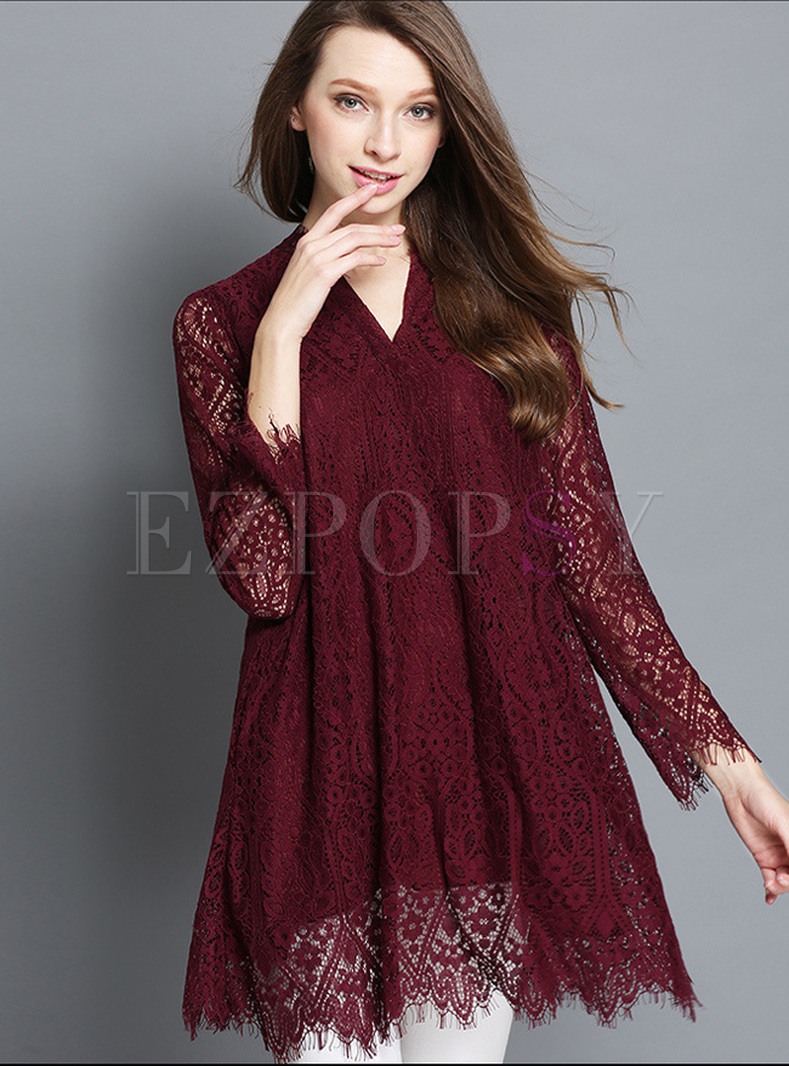Loose Lace V-neck Hollow T-shirt