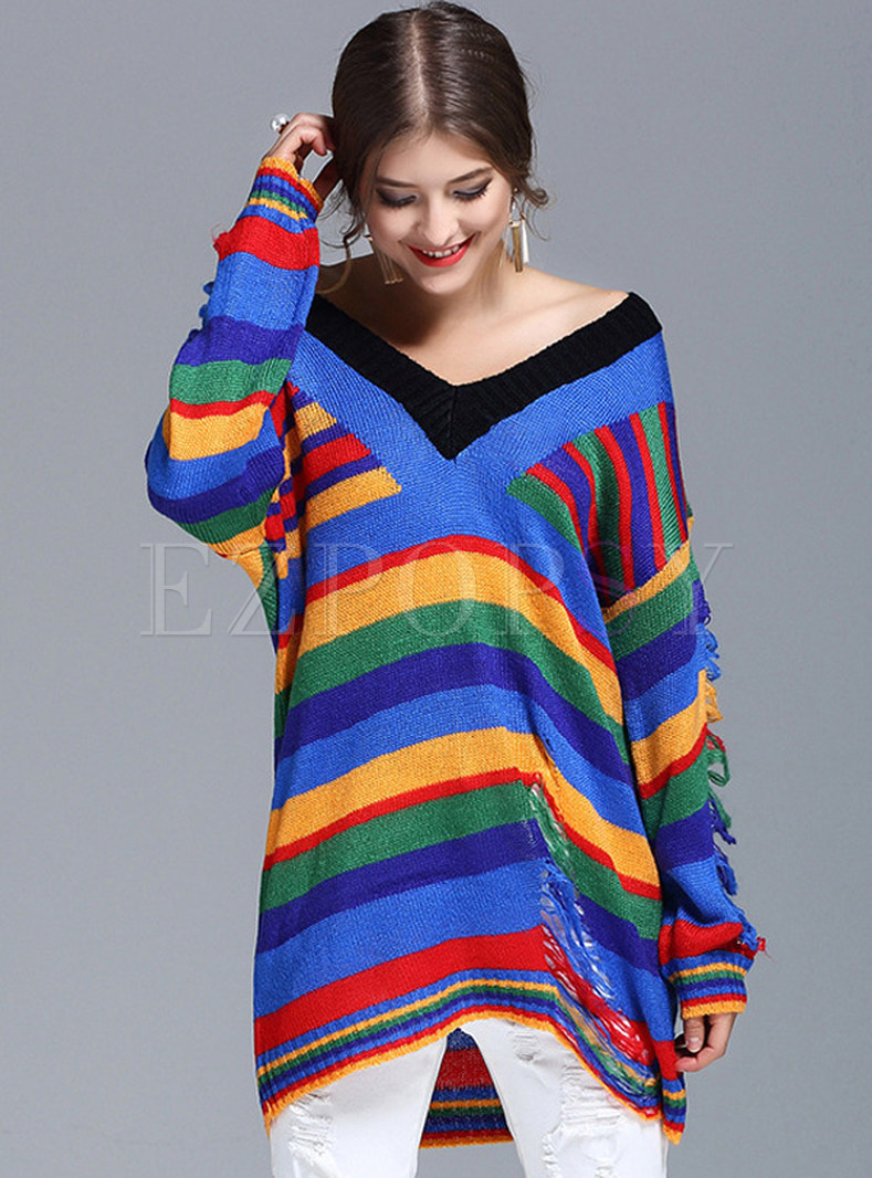 Loose Hit Color Broken Holes Personality Sweater