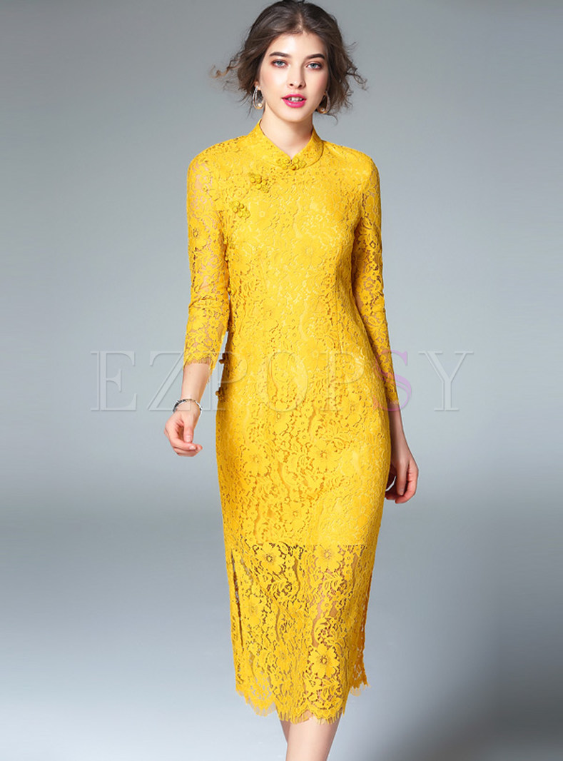 Elegant Stand Collar 3/4 Sleeve Lace Slit Bodycon Dress