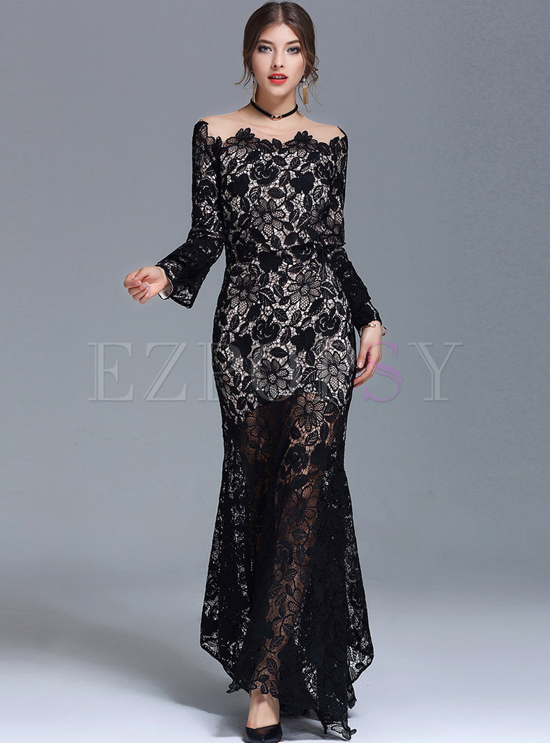 Sexy Lace Mermaid Embroidered Maxi Dress