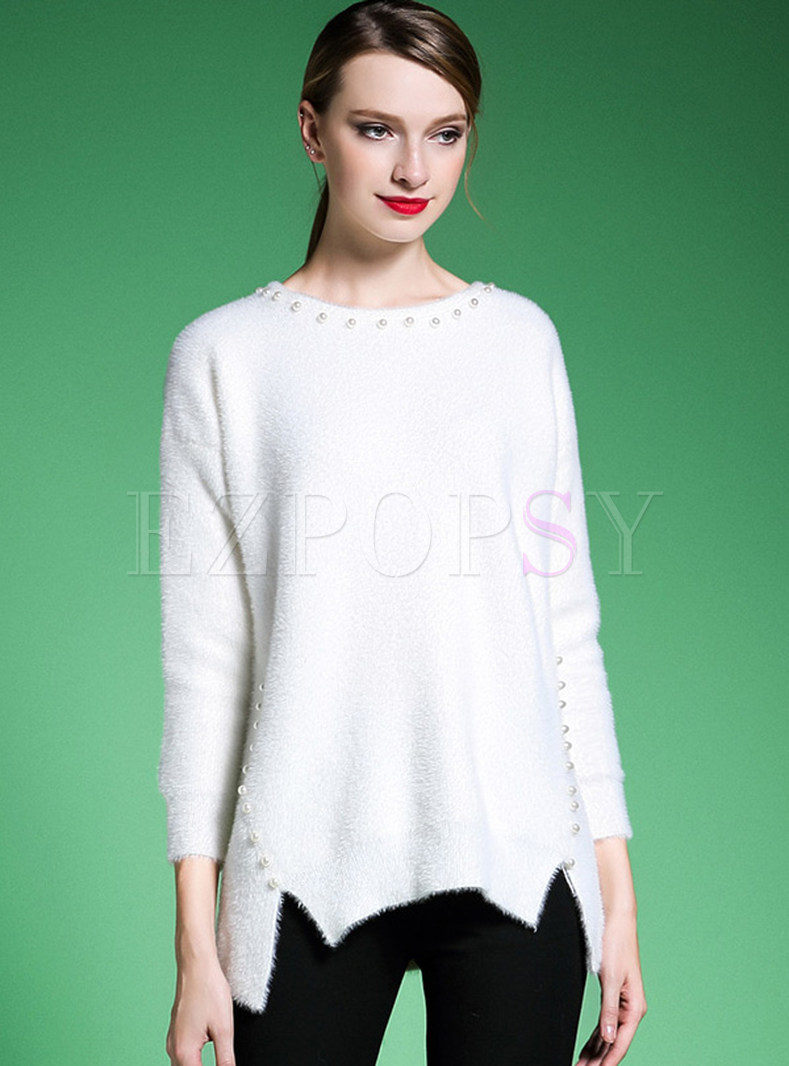 O-Neck Hand-Beads Slit Solid Color Sweater