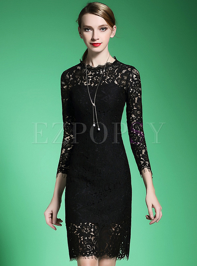 Stand Collar Lace Hollow Three Quarters Sleeve Bodycon Dress