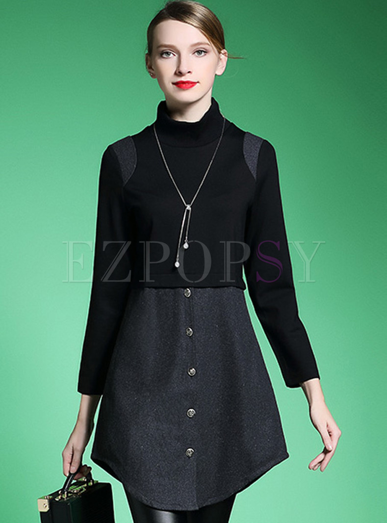 Turtle Neck Patch Slim Long Sleeve Blouse