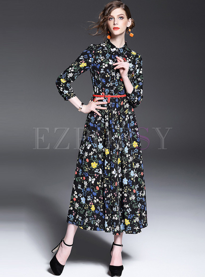 Stylish A-line Floral Print Lapel Maxi Dress