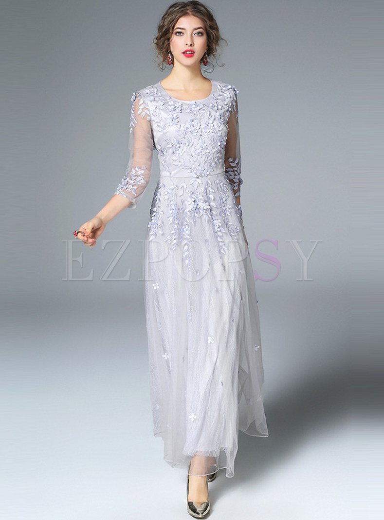 Elegant Nipped Waist Lace Patch Floral Embroidery Maxi Dress