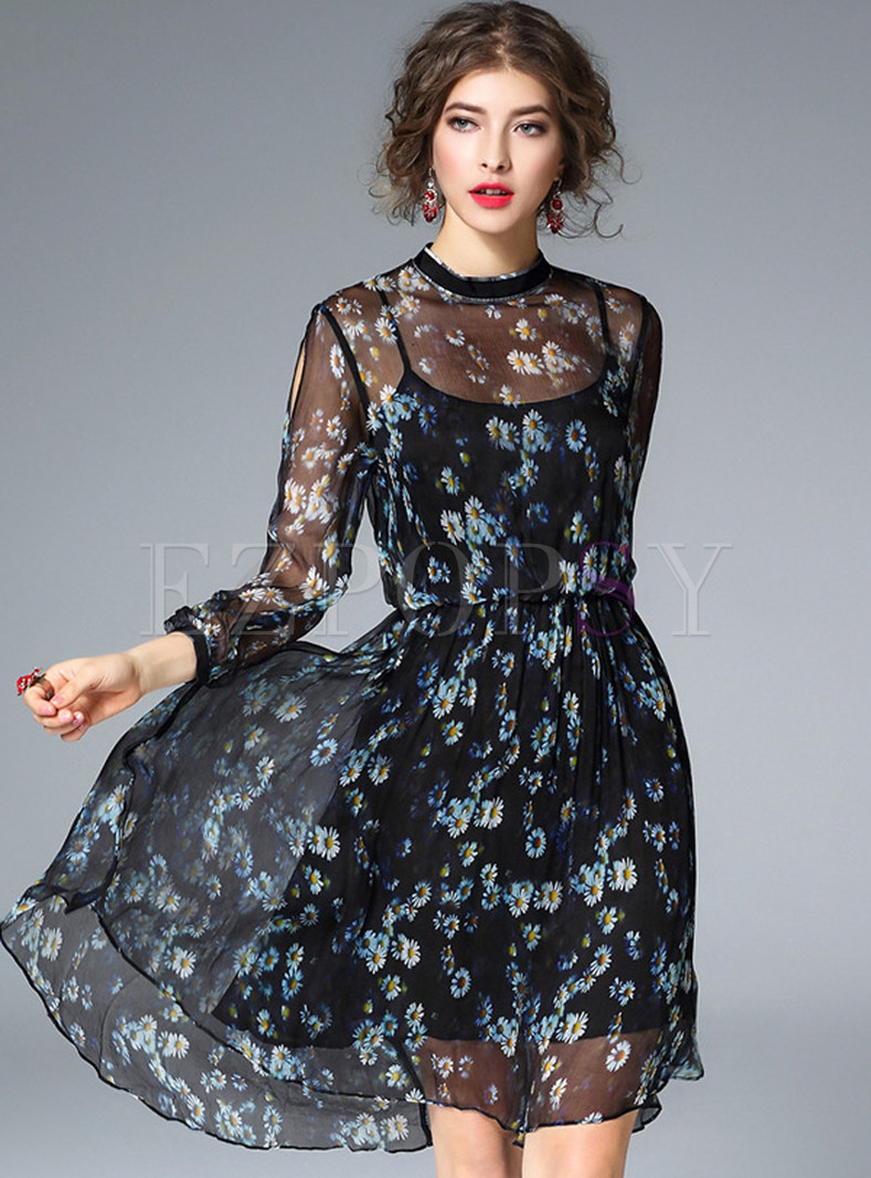 Dresses | Skater Dresses | Sexy See-through Print Fake Two Piece Skater ...