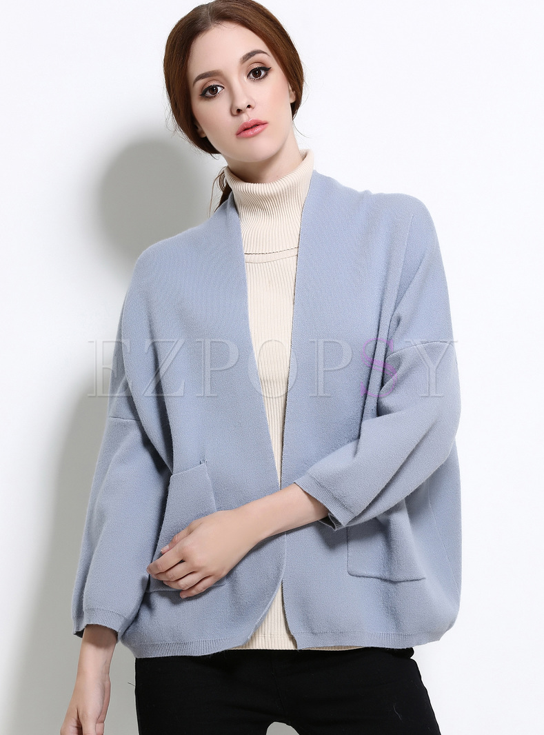 Brief Pure Color Pocket Patch Zip-up Knitted Cardigan