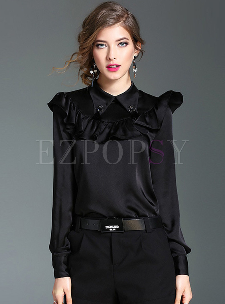 Stylish Turn Dwon Collar Solid Color Blouse