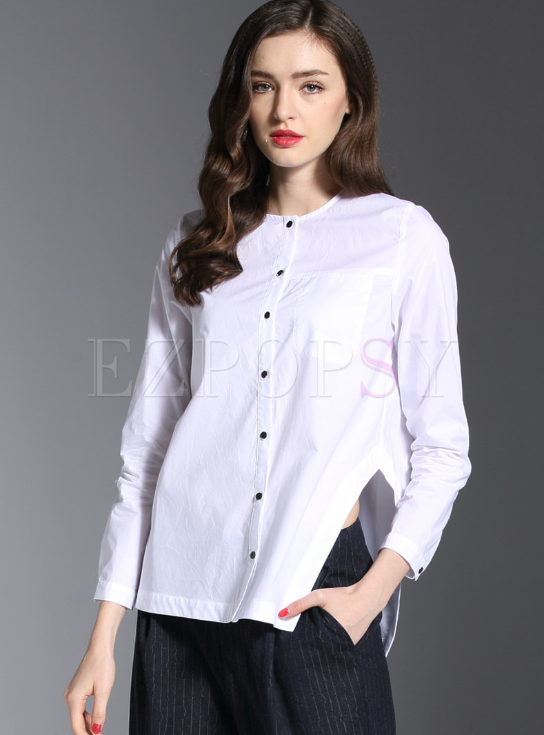 Work Single-Breasted Slit Pure Color T-shirt 