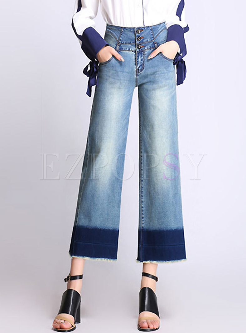 Stylish Color-blocked Frayed High Waist Jeans