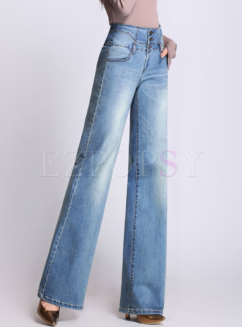 High Waisted Buttoned Wide Leg Jeans