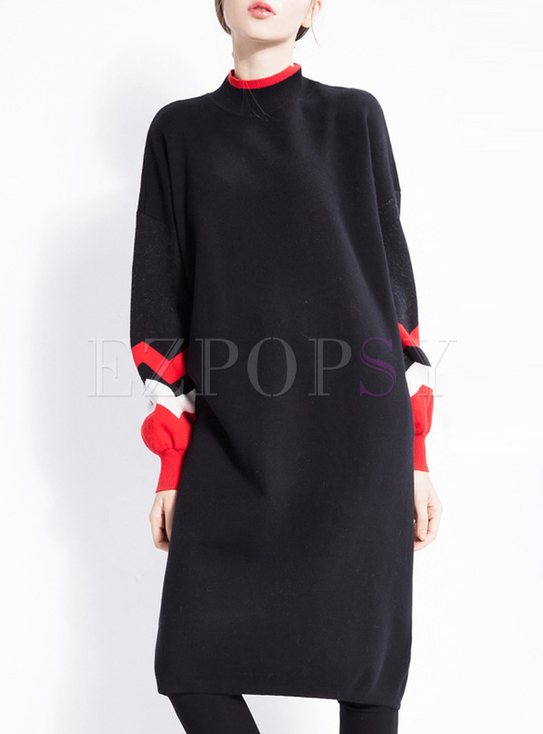Medium-length Patchwork Hit Color Knitted Dress