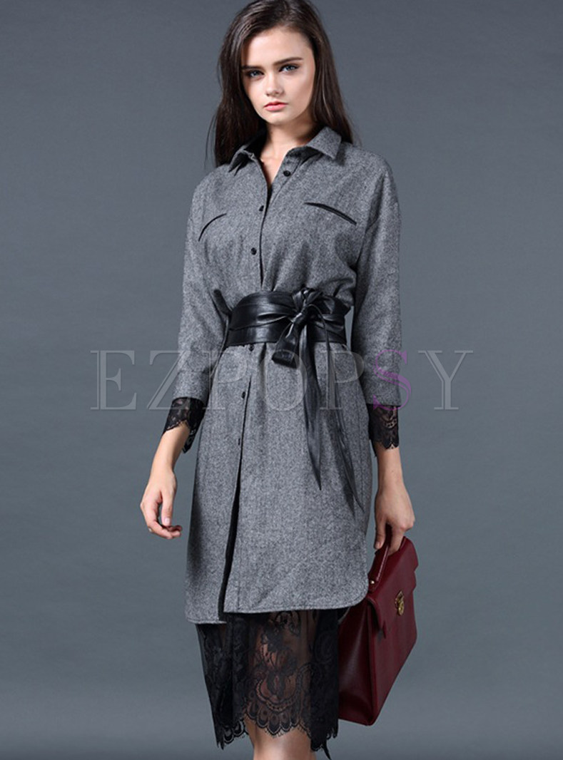 Vintage Lace Patch Turn Down Collar Shift Dress