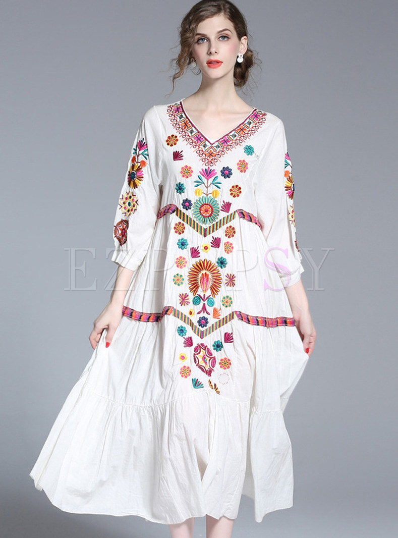 Dresses | Maxi Dresses | Ethnic V-neck Loose Embroidered Maxi Dress