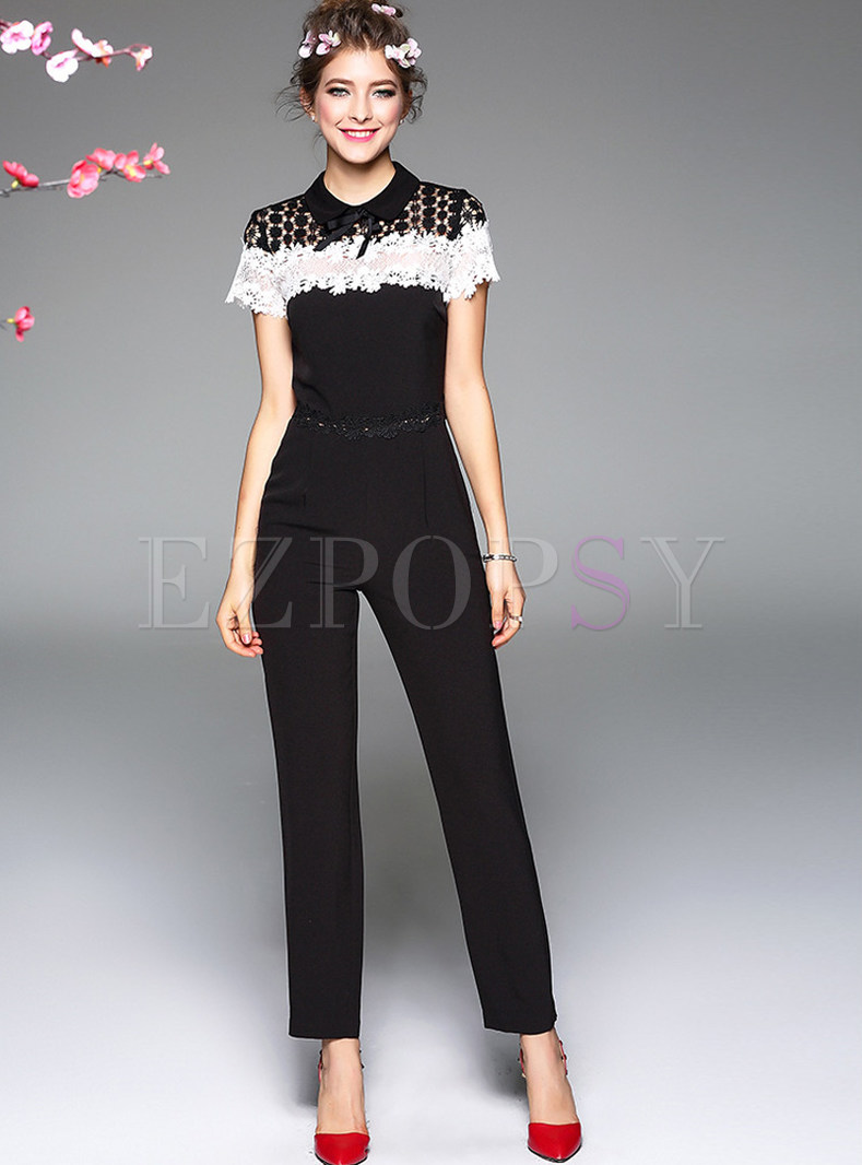 Sexy Lace Bowknot Hollow Out Jumpsuit