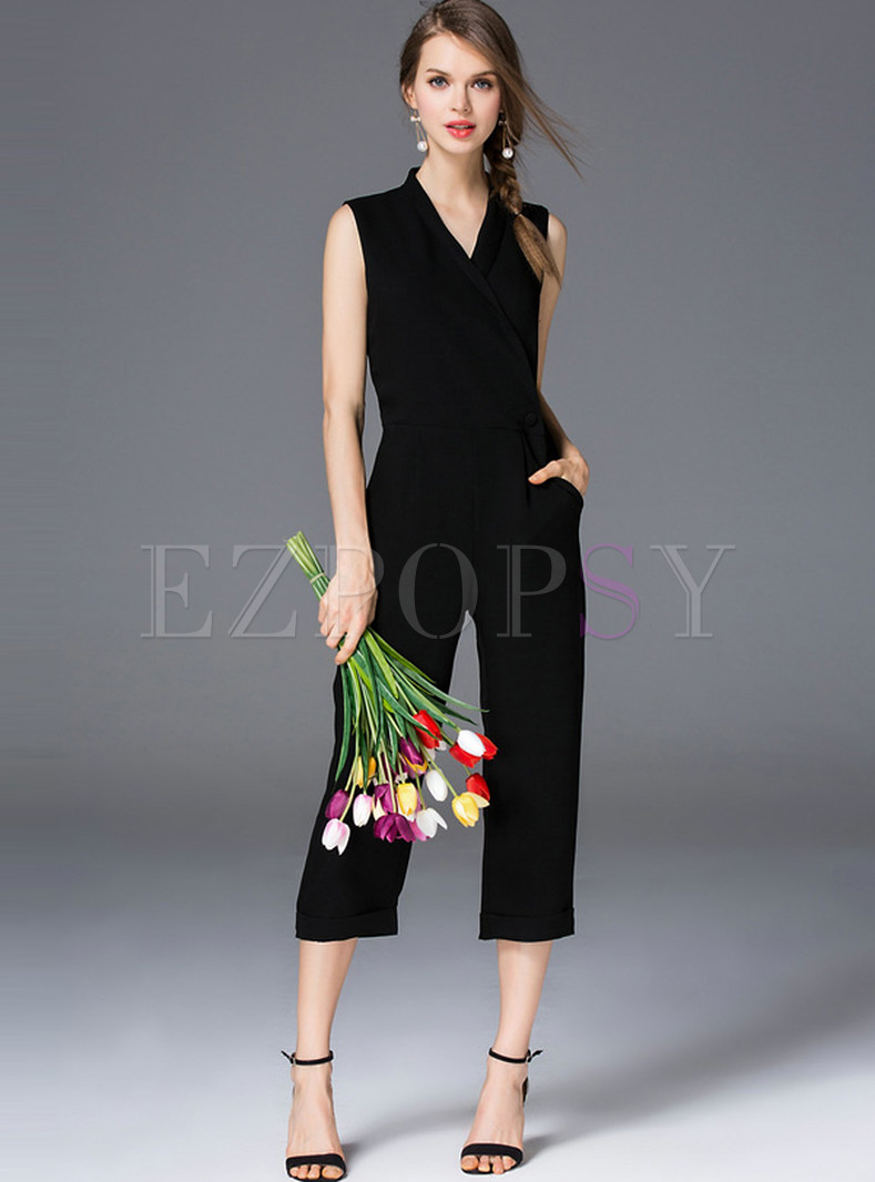 Sexy V-neck Sleeveless One-button OL Jumpsuits