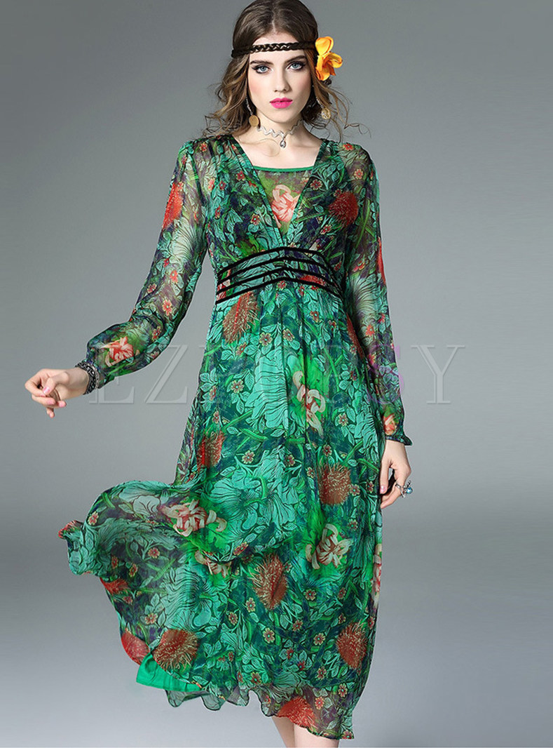 Dresses | Maxi Dresses | Ethnic Hit Color Print V-neck Maxi Dress