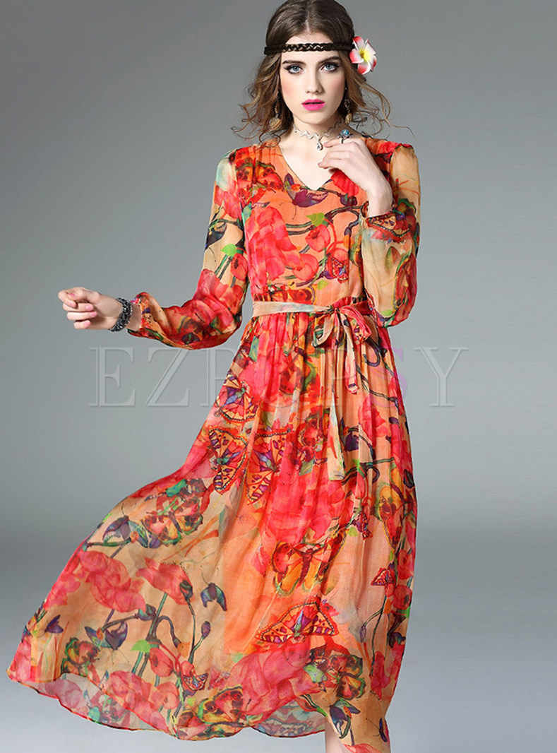 Bohemian V-neck Print High Waist Maxi Dress 