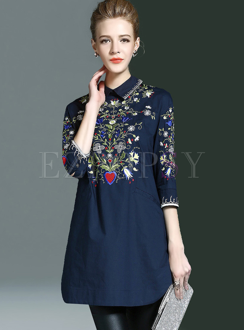 Brief Loose 3/4 Sleeve Embroidery Lapel Blouse