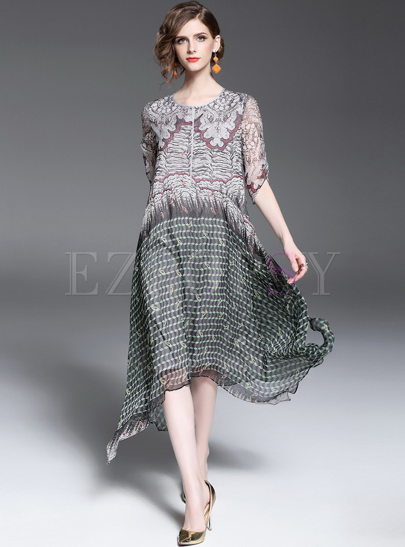 Stylish Asymmetric Hem Print Half Sleeve Maxi Dress