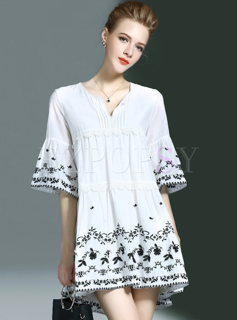 Casual Loose Embroidery Half Sleeve Shift Dress