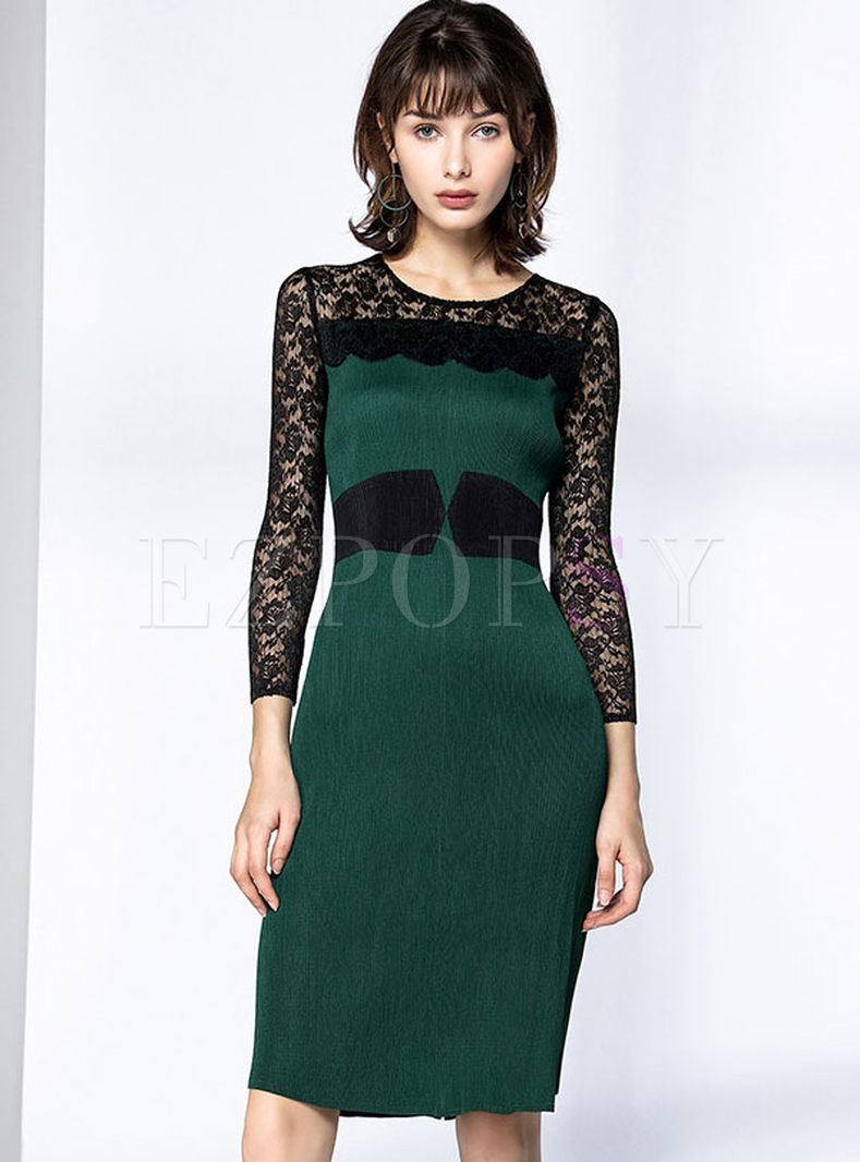 High-end Lace Patchwork Long Sleeve Pleat Bodycon Dress