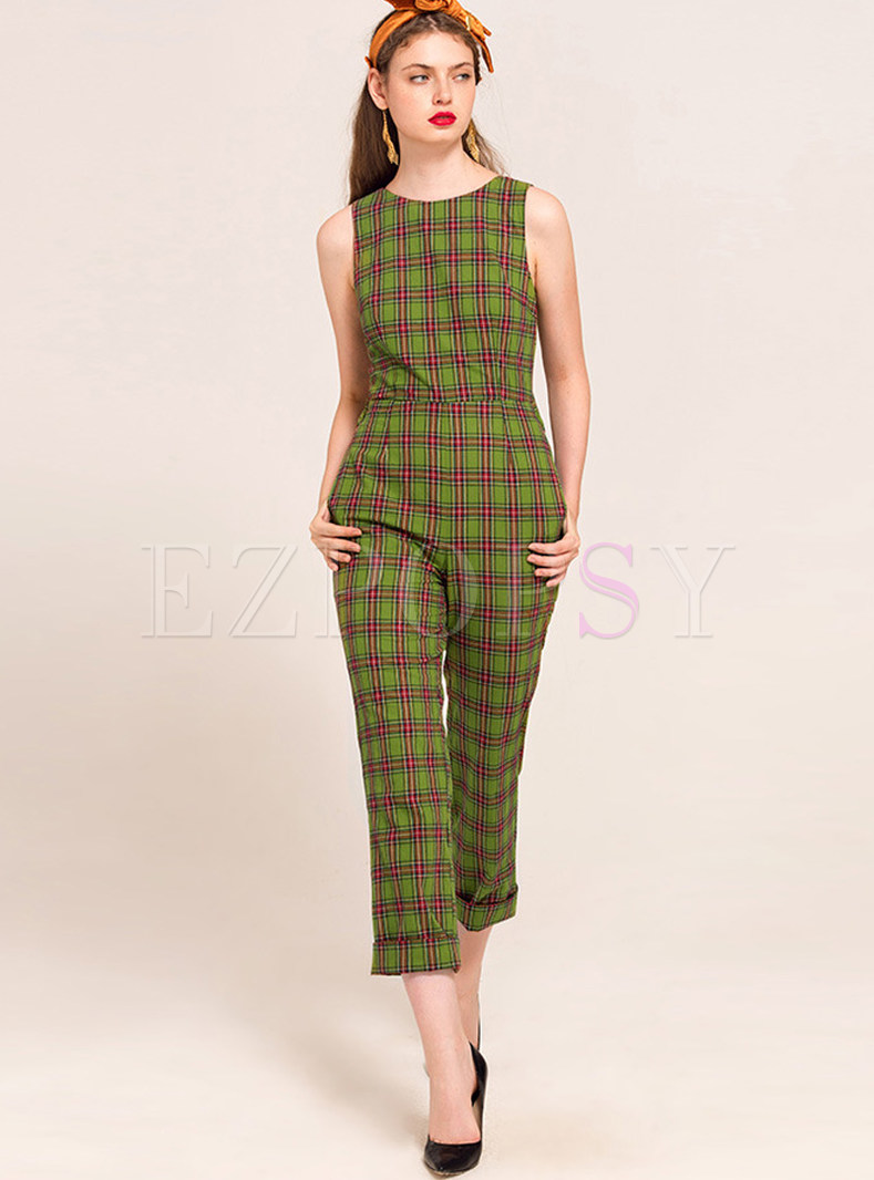 Fashion Grid Sleeve High Waist Jumpsuit