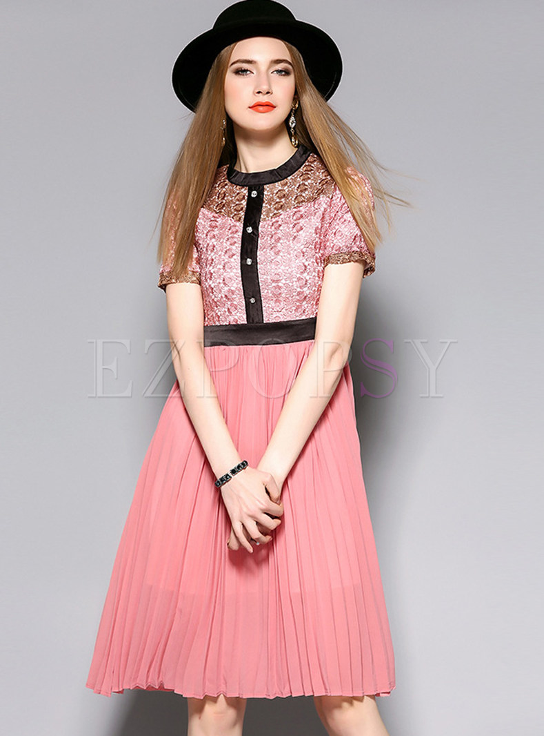 Fashion Lace Hit Color Stitching Skater Dress