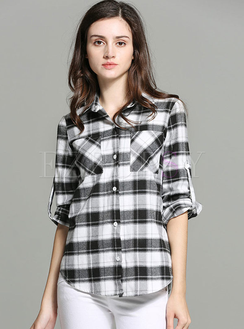 Brief Oversize Plaid Long Sleeve Blouse