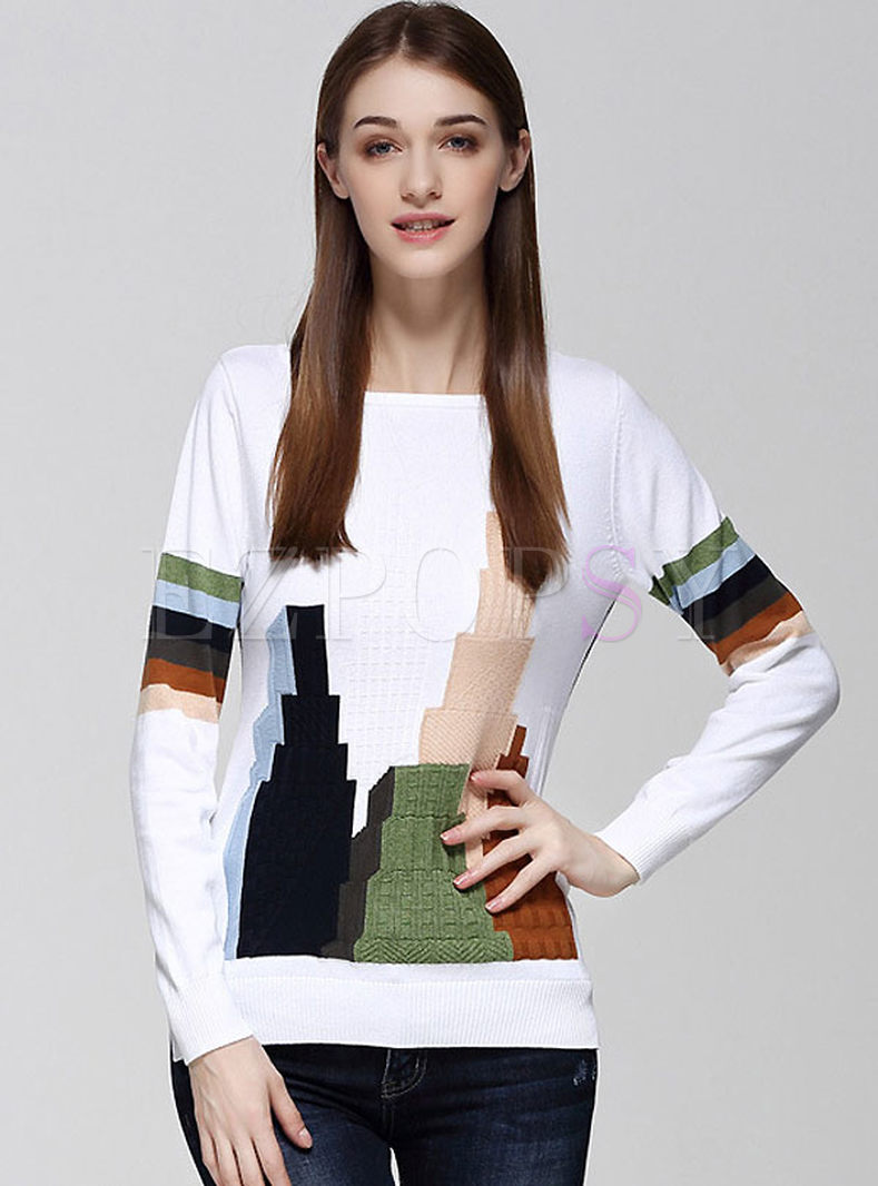 Casual Slash Neck Stripe Long Sleeve Jacquard Sweater