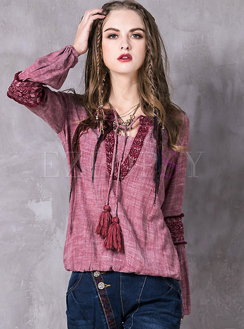 Retro Oversize Puff Sleeve Embroidery Blouse