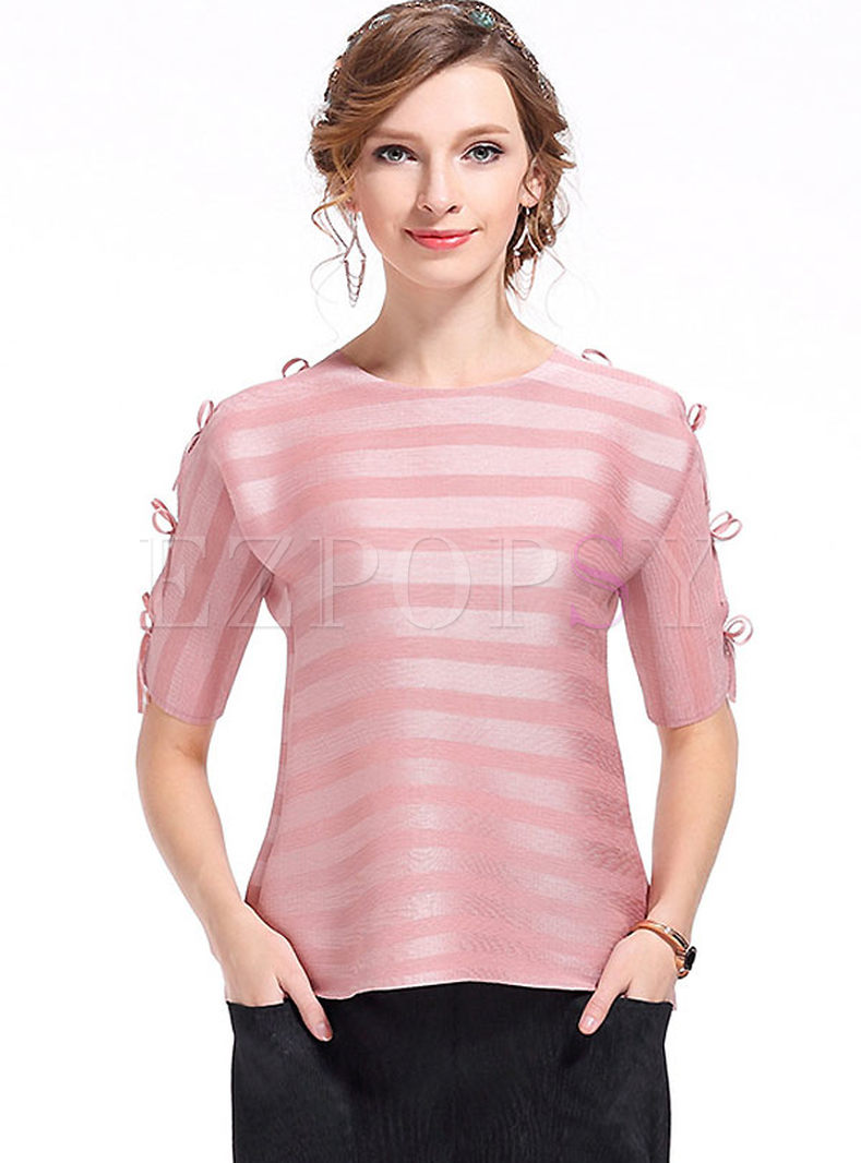 Casual Short Sleeve Stripe Pleat T-shirt 