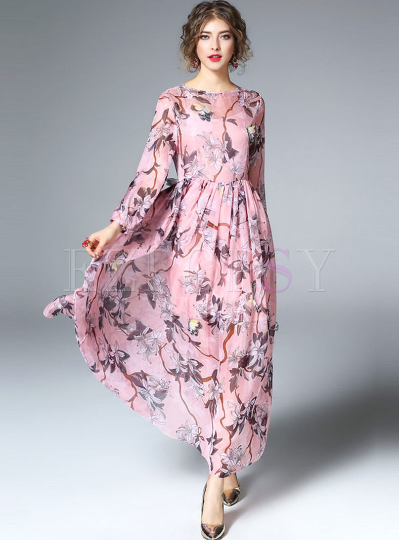 Elegant Floral Print Long Sleeve Maxi Dress With Underskirt