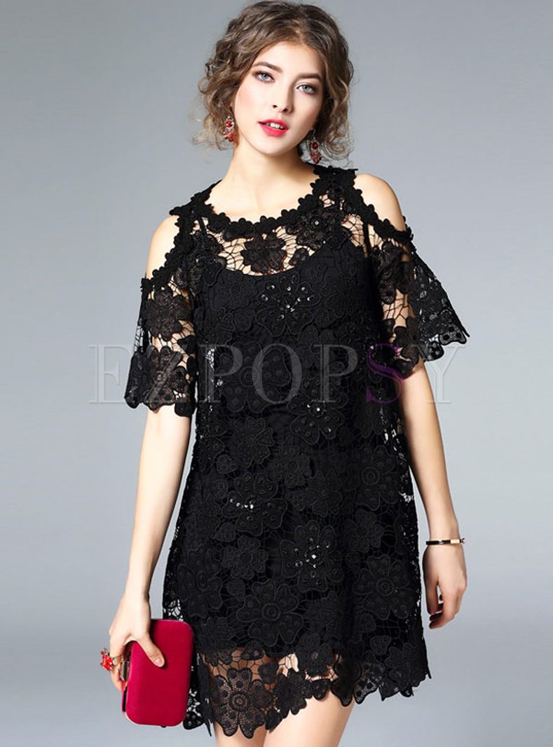 Sexy Hollow Out Embroidery Shift Dress With Underskirt